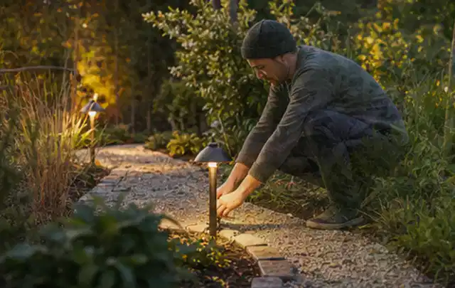 Person richtet eine niedrige warm leuchtende Gartenlampe am Kiesweg aus; Thema Segway Navimow, Schwerpunkt Bestenliste; Ergebnis.