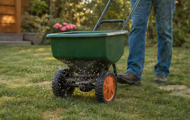 Person verteilt Rasensamen mit einem Streuwagen auf einer lückigen Fläche; Thema Segway Navimow, Schwerpunkt Checkliste; Ergebnis.