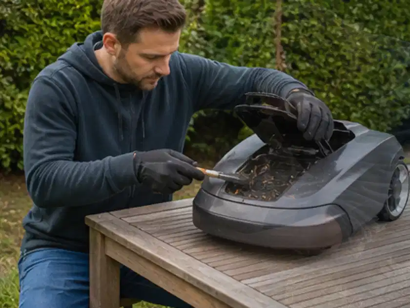 Person wartet einen geöffneten Mähroboter auf einem stabilen Gartentisch; Thema Segway Navimow, Schwerpunkt Dimensionierung; Titelbild.