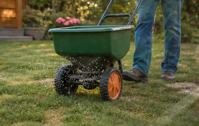 Person verteilt Rasensamen mit einem Streuwagen auf einer lückigen Fläche; Thema Segway Navimow, Schwerpunkt Dimensionierung; Kontrolle.