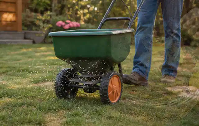 Person verteilt Rasensamen mit einem Streuwagen auf einer lückigen Fläche; Thema Segway Navimow, Schwerpunkt Gärten mit großer Fläche; Umsetzung.
