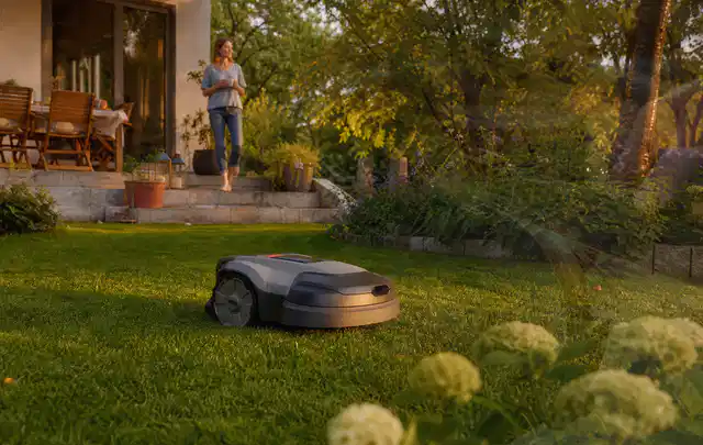 Mähroboter fährt am Abend über einen Rasen im Familiengarten; Thema Segway Navimow, Schwerpunkt Gärten mit kleiner Fläche; Ausgangslage.
