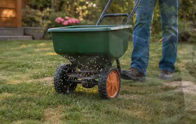 Person verteilt Rasensamen mit einem Streuwagen auf einer lückigen Fläche; Thema Segway Navimow, Schwerpunkt Gärten mit kleiner Fläche; Ergebnis.