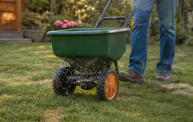Person verteilt Rasensamen mit einem Streuwagen auf einer lückigen Fläche; Thema Segway Navimow, Schwerpunkt Kosten; Umsetzung.