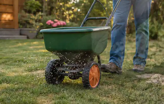 Person verteilt Rasensamen mit einem Streuwagen auf einer lückigen Fläche; Thema Segway Navimow, Schwerpunkt Leistung; Ergebnis.
