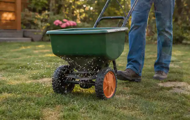Person verteilt Rasensamen mit einem Streuwagen auf einer lückigen Fläche; Thema Segway Navimow, Schwerpunkt Mähroboter; Ergebnis.