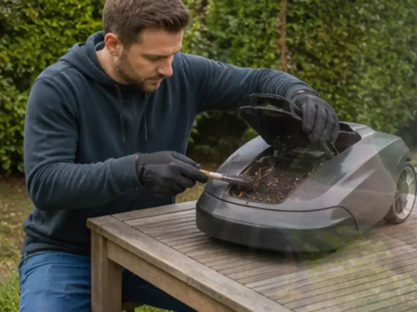 Person wartet einen geöffneten Mähroboter auf einem stabilen Gartentisch; Thema Segway Navimow, Schwerpunkt Reinigung; Titelbild.