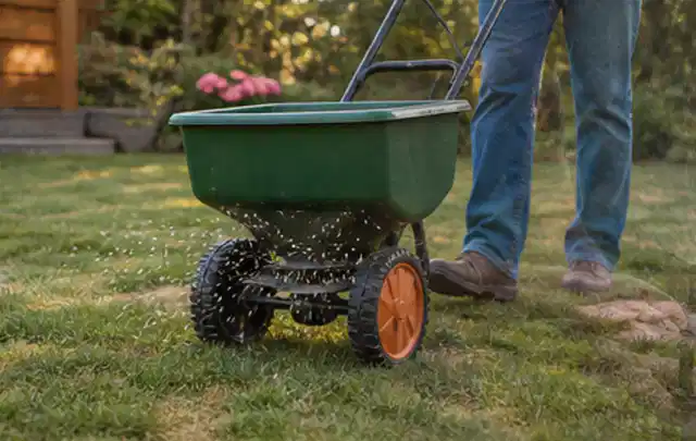Person verteilt Rasensamen mit einem Streuwagen auf einer lückigen Fläche; Thema Segway Navimow, Schwerpunkt Reinigung; Ausgangslage.