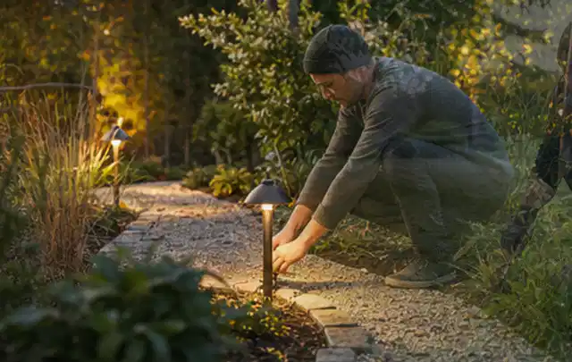 Person richtet eine niedrige warm leuchtende Gartenlampe am Kiesweg aus; Thema Segway Navimow, Schwerpunkt Sicherheit; Ausgangslage.