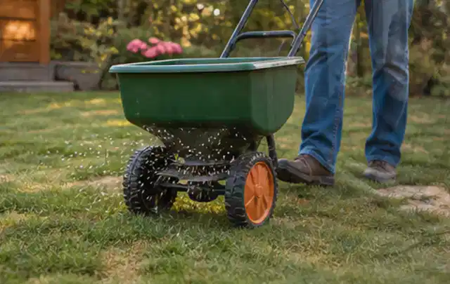 Person verteilt Rasensamen mit einem Streuwagen auf einer lückigen Fläche; Thema Segway Navimow, Schwerpunkt Sicherheit; Praxisalltag.