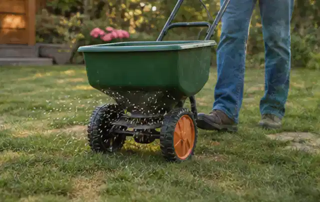 Person verteilt Rasensamen mit einem Streuwagen auf einer lückigen Fläche; Thema Segway Navimow, Schwerpunkt Testkriterien; Umsetzung.
