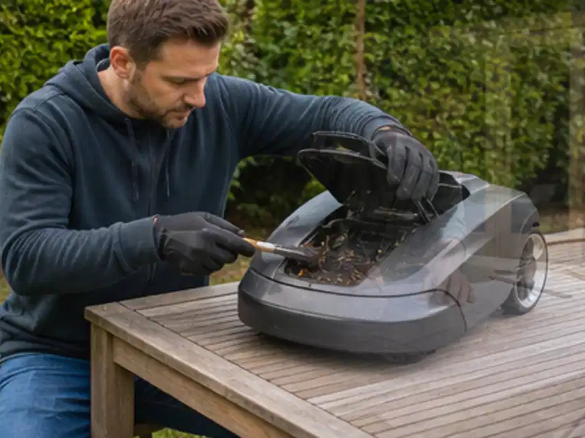 Person wartet einen geöffneten Mähroboter auf einem stabilen Gartentisch; Thema Segway Navimow, Schwerpunkt Vergleich; Titelbild.