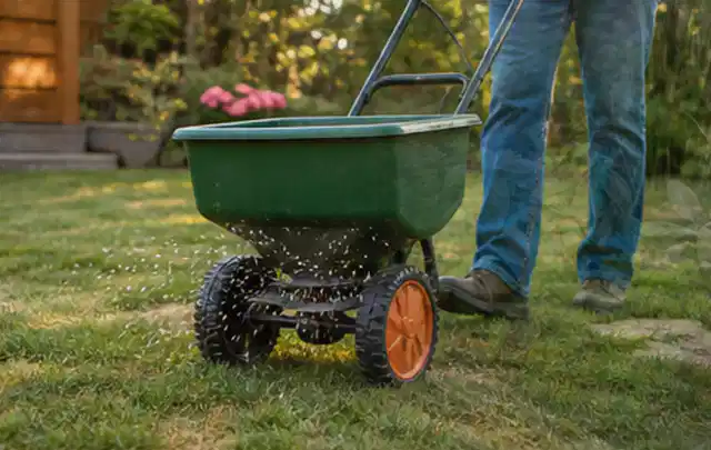 Person verteilt Rasensamen mit einem Streuwagen auf einer lückigen Fläche; Thema Segway Navimow, Schwerpunkt Vergleich; Kontrolle.