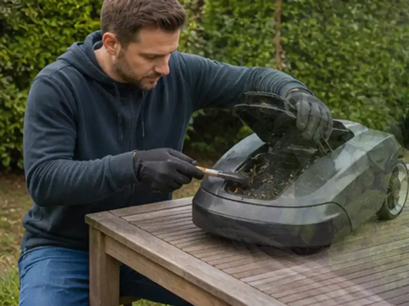 Person wartet einen geöffneten Mähroboter auf einem stabilen Gartentisch; Thema Segway Navimow, Schwerpunkt Wartung; Titelbild.
