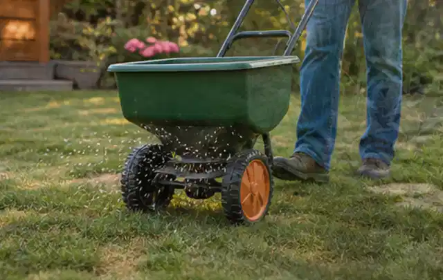 Person verteilt Rasensamen mit einem Streuwagen auf einer lückigen Fläche; Thema Segway Navimow, Schwerpunkt Wartung; Ausgangslage.