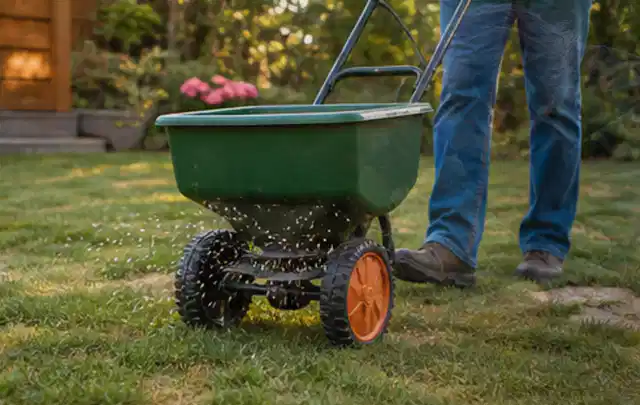 Person verteilt Rasensamen mit einem Streuwagen auf einer lückigen Fläche; Thema Segway Navimow, Schwerpunkt Winterlager; Ausgangslage.