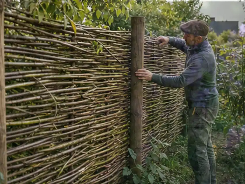 Person befestigt geflochtene Weidenruten an stabilen Holzpfosten im Garten; Thema Sichtschutz aus Holz, Schwerpunkt Aufbau; Titelbild.