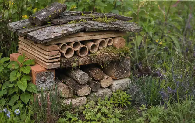 Naturnaher Unterschlupf aus Holz Rinde und Pflanzenstängeln im Garten; Thema Sichtschutz aus Holz, Schwerpunkt Aufbau; Ausgangslage.
