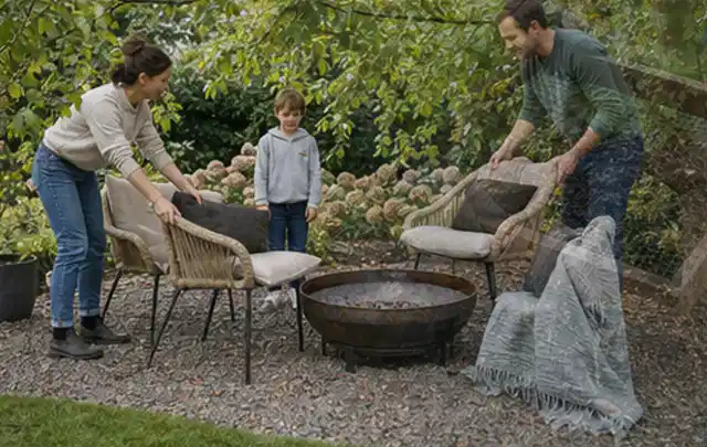 Familie stellt wetterfeste Sessel an einem geschützten Sitzplatz im Garten auf; Thema Sichtschutz aus Holz, Schwerpunkt Aufbau; Praxisalltag.