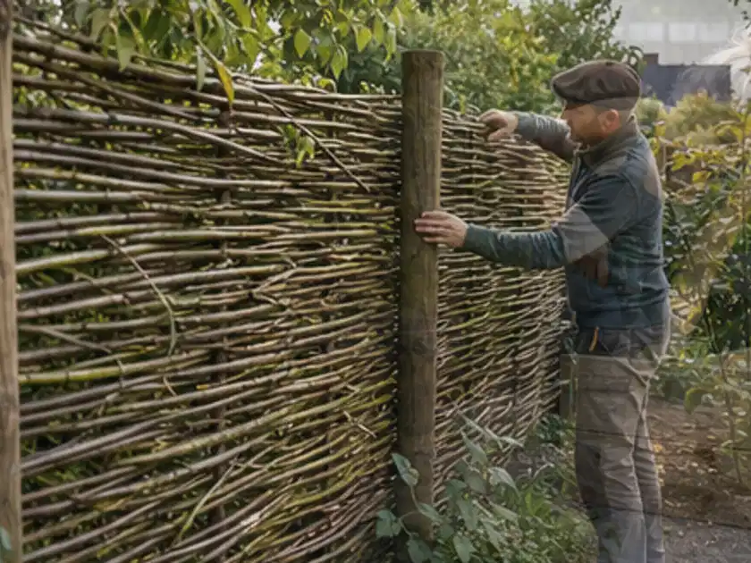 Person befestigt geflochtene Weidenruten an stabilen Holzpfosten im Garten; Thema Sichtschutz aus Holz, Schwerpunkt Baurecht; Titelbild.