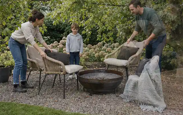 Familie stellt wetterfeste Sessel an einem geschützten Sitzplatz im Garten auf; Thema Sichtschutz aus Holz, Schwerpunkt Baurecht; Ausgangslage.
