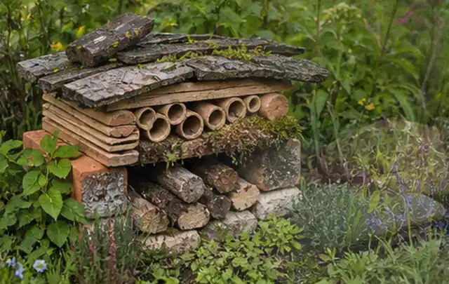 Naturnaher Unterschlupf aus Holz Rinde und Pflanzenstängeln im Garten; Thema Sichtschutz aus Holz, Schwerpunkt Baurecht; Praxisalltag.
