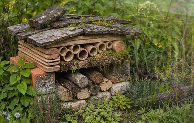 Naturnaher Unterschlupf aus Holz Rinde und Pflanzenstängeln im Garten; Thema Sichtschutz aus Holz, Schwerpunkt Checkliste; Umsetzung.