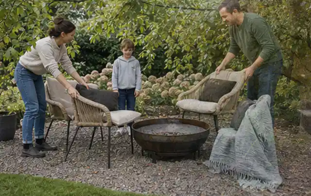 Familie stellt wetterfeste Sessel an einem geschützten Sitzplatz im Garten auf; Thema Sichtschutz aus Holz, Schwerpunkt Checkliste; Ergebnis.