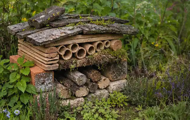 Naturnaher Unterschlupf aus Holz Rinde und Pflanzenstängeln im Garten; Thema Sichtschutz aus Holz, Schwerpunkt Dimensionierung; Kontrolle.