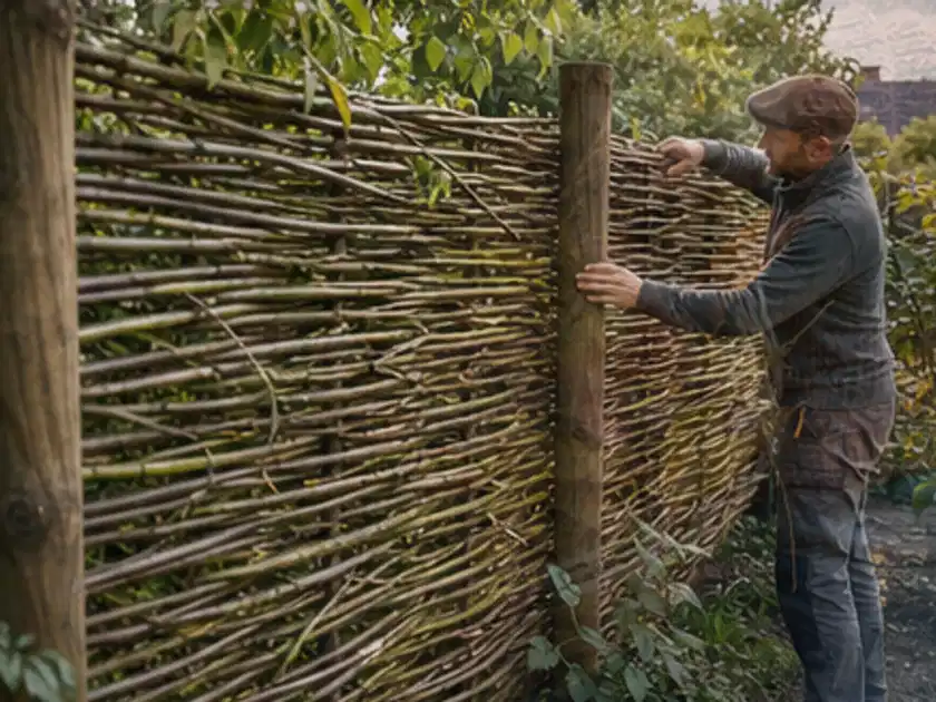 Person befestigt geflochtene Weidenruten an stabilen Holzpfosten im Garten; Thema Sichtschutz aus Holz, Schwerpunkt DIY; Titelbild.