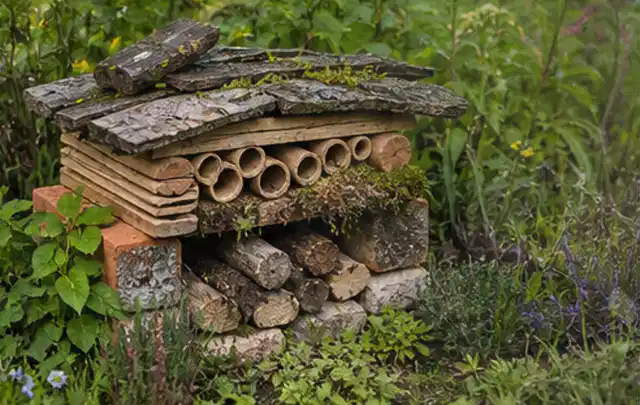 Naturnaher Unterschlupf aus Holz Rinde und Pflanzenstängeln im Garten; Thema Sichtschutz aus Holz, Schwerpunkt DIY; Praxisalltag.