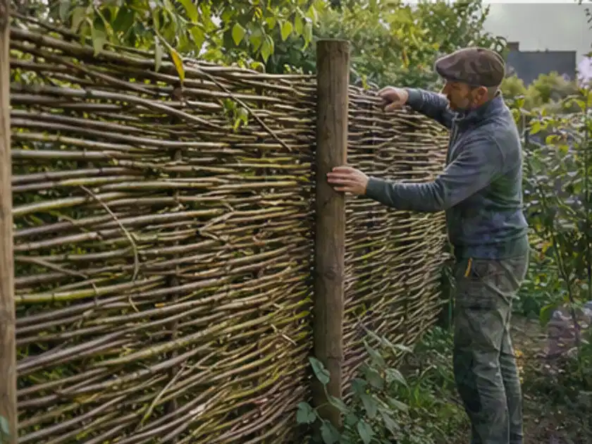 Person befestigt geflochtene Weidenruten an stabilen Holzpfosten im Garten; Thema Sichtschutz aus Holz, Schwerpunkt Fehlerhilfe; Titelbild.