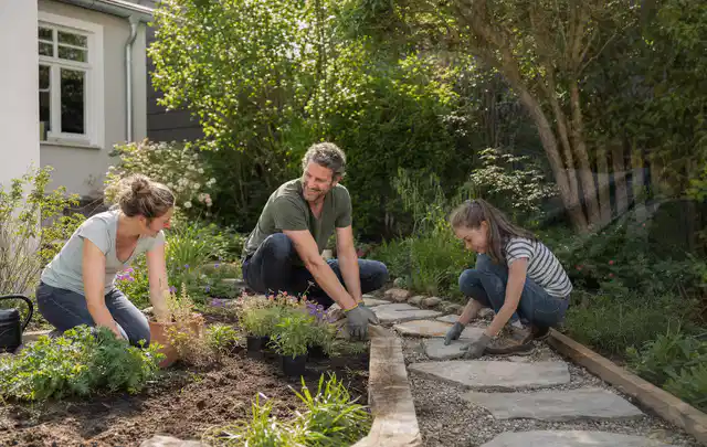 Familie geht auf einem Weg durch einen abwechslungsreich gestalteten Garten; Thema Sichtschutz aus Holz, Schwerpunkt Fehlerhilfe; Umsetzung.