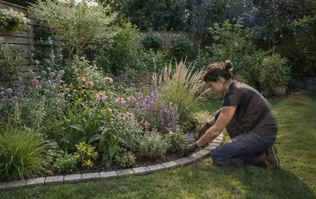 Person pflegt die klare Kante eines geschwungenen blühenden Staudenbeets; Thema Sichtschutz aus Holz, Schwerpunkt Fehlerhilfe; Kontrolle.