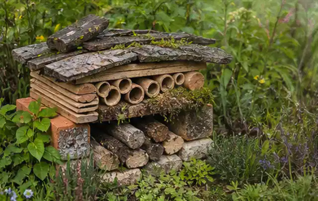 Naturnaher Unterschlupf aus Holz Rinde und Pflanzenstängeln im Garten; Thema Sichtschutz aus Holz, Schwerpunkt Fehlerhilfe; Ergebnis.
