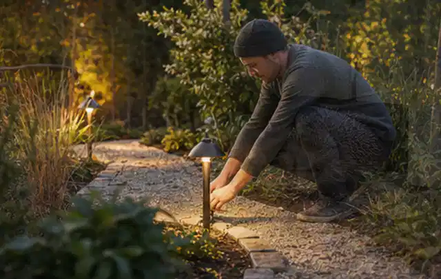 Person richtet eine niedrige warm leuchtende Gartenlampe am Kiesweg aus; Thema Sichtschutz aus Holz, Schwerpunkt Fehlerhilfe; Praxisalltag.