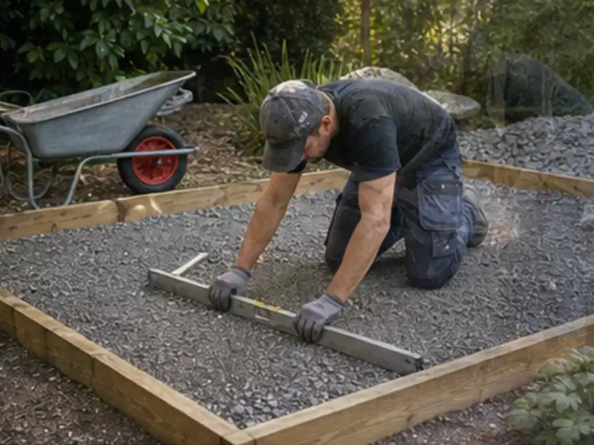 Person richtet eine verdichtete Kiesfläche mit Wasserwaage und Abziehlatte aus; Thema Sichtschutz aus Holz, Schwerpunkt Fundament; Titelbild.