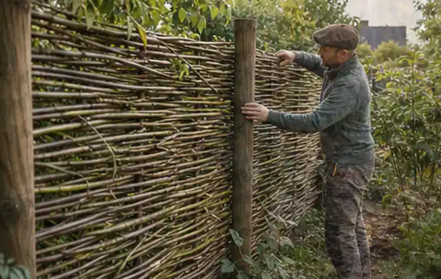 Person befestigt geflochtene Weidenruten an stabilen Holzpfosten im Garten; Thema Sichtschutz aus Holz, Schwerpunkt Fundament; Umsetzung.