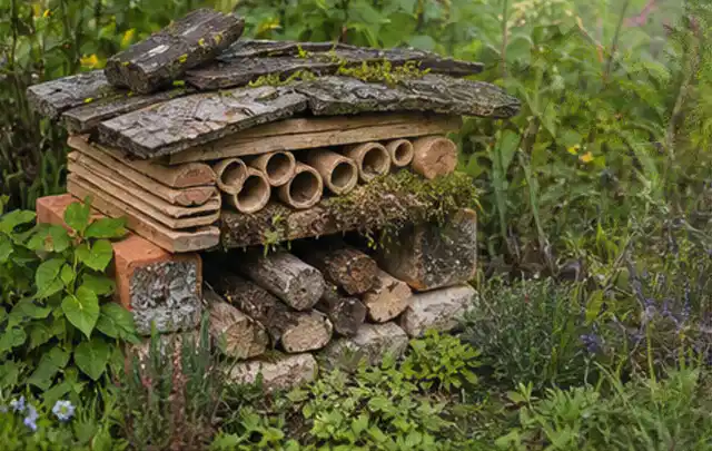 Naturnaher Unterschlupf aus Holz Rinde und Pflanzenstängeln im Garten; Thema Sichtschutz aus Holz, Schwerpunkt Fundament; Ergebnis.