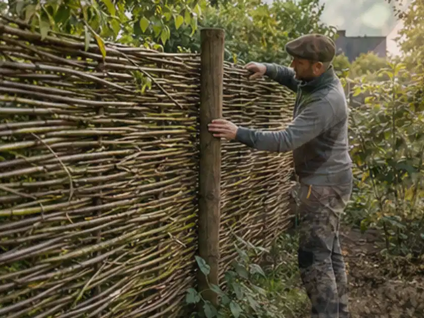 Person befestigt geflochtene Weidenruten an stabilen Holzpfosten im Garten; Thema Sichtschutz aus Holz, Schwerpunkt Gärten mit kleiner Fläche; Titelbild.