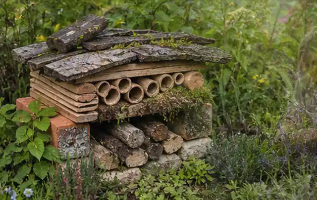 Naturnaher Unterschlupf aus Holz Rinde und Pflanzenstängeln im Garten; Thema Sichtschutz aus Holz, Schwerpunkt Gestaltung; Kontrolle.