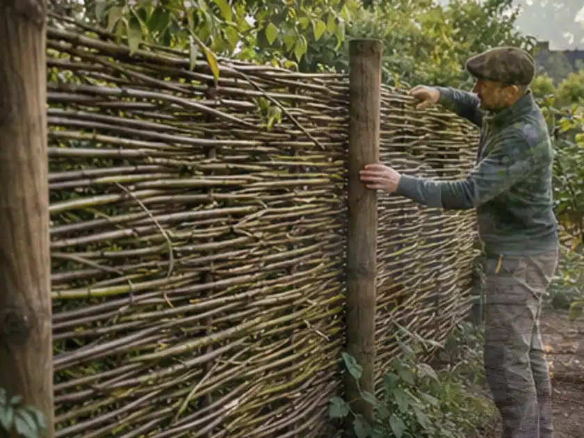 Person befestigt geflochtene Weidenruten an stabilen Holzpfosten im Garten; Thema Sichtschutz aus Holz, Schwerpunkt Kosten; Titelbild.