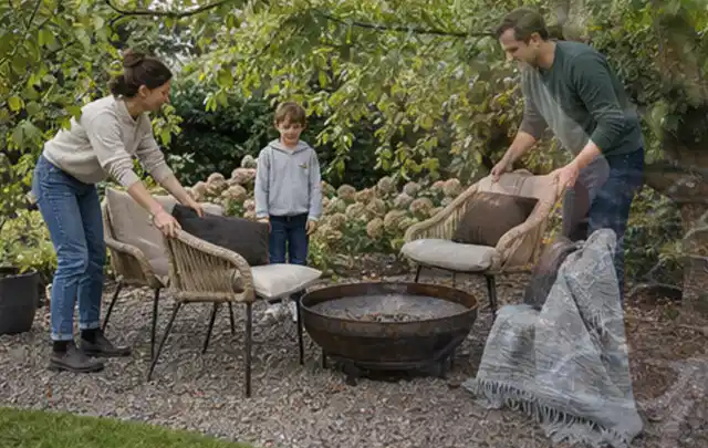 Familie stellt wetterfeste Sessel an einem geschützten Sitzplatz im Garten auf; Thema Sichtschutz aus Holz, Schwerpunkt Kosten; Praxisalltag.