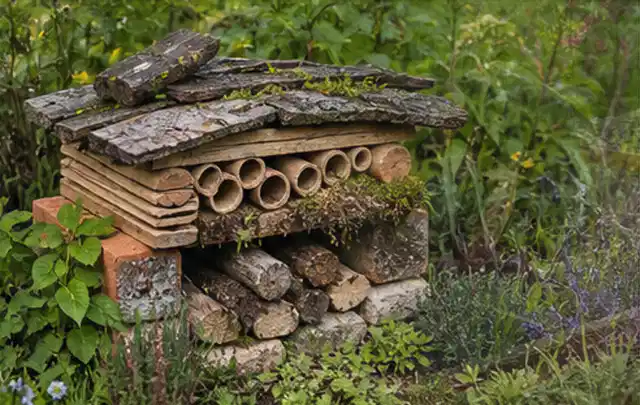 Naturnaher Unterschlupf aus Holz Rinde und Pflanzenstängeln im Garten; Thema Sichtschutz aus Holz, Schwerpunkt Materialwahl; Ausgangslage.