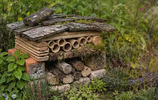 Naturnaher Unterschlupf aus Holz Rinde und Pflanzenstängeln im Garten; Thema Sichtschutz aus Holz, Schwerpunkt Nachhaltigkeit; Ausgangslage.