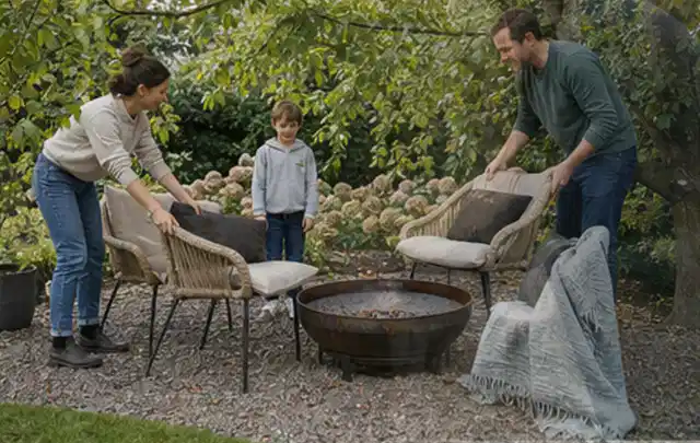 Familie stellt wetterfeste Sessel an einem geschützten Sitzplatz im Garten auf; Thema Sichtschutz aus Holz, Schwerpunkt Nachhaltigkeit; Umsetzung.
