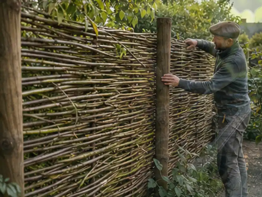 Person befestigt geflochtene Weidenruten an stabilen Holzpfosten im Garten; Thema Sichtschutz aus Holz, Schwerpunkt Pflege; Titelbild.