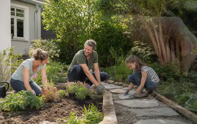 Familie geht auf einem Weg durch einen abwechslungsreich gestalteten Garten; Thema Sichtschutz aus Holz, Schwerpunkt Pflege; Ausgangslage.