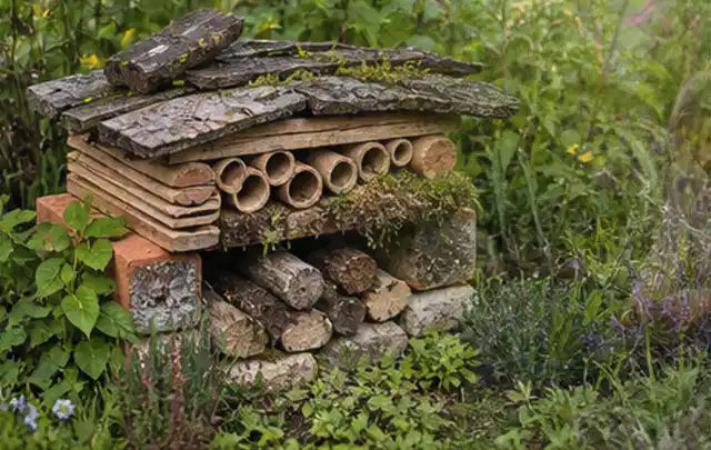 Naturnaher Unterschlupf aus Holz Rinde und Pflanzenstängeln im Garten; Thema Sichtschutz aus Holz, Schwerpunkt Pflege; Umsetzung.