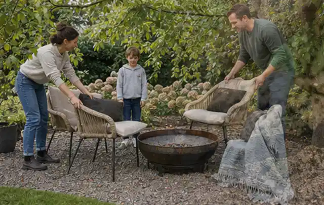 Familie stellt wetterfeste Sessel an einem geschützten Sitzplatz im Garten auf; Thema Sichtschutz aus Holz, Schwerpunkt Pflege; Praxisalltag.